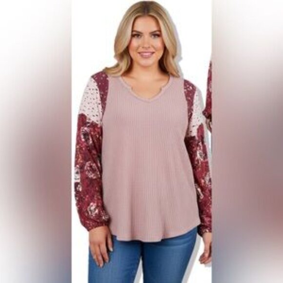 Mauve Waffle Knit Long Sleeve Top with Floral Balloon Sleeves - Picture 3 of 4